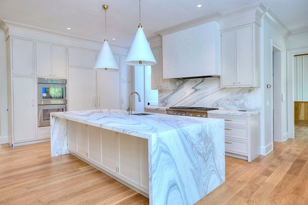 Interior, Kitchen, Marble Walls, Pendant Lights, Recessed Lighting, Wood Texture Flooring
