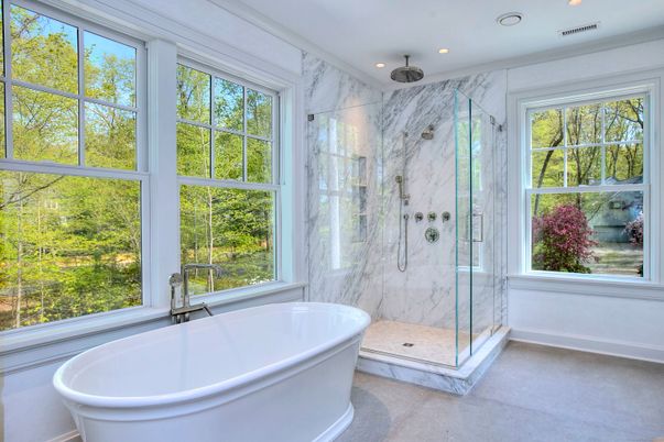 Bathroom, Free Standing Baths, Glass Shower, Interior, Marble Walls, Recessed Lighting