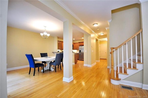 Chandelier, Dining room, Interior, Kitchen, Recessed Lighting, Wood Texture Flooring