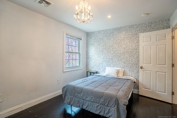 Bedroom, Chandelier, Interior, Recessed Lighting, Wood Texture Flooring