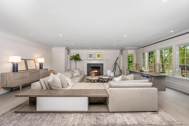 Fireplace, Interior, Living room, Recessed Lighting, Wood Texture Flooring
