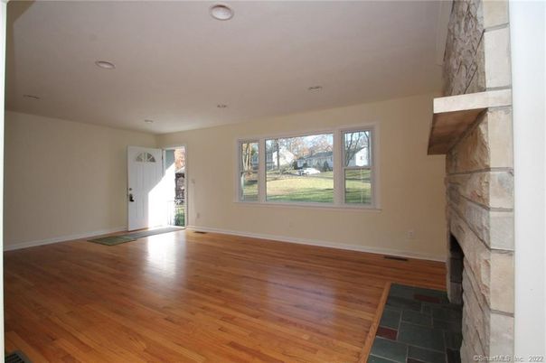 Empty room, Fireplace, Interior, Recessed Lighting, Wood Texture Flooring