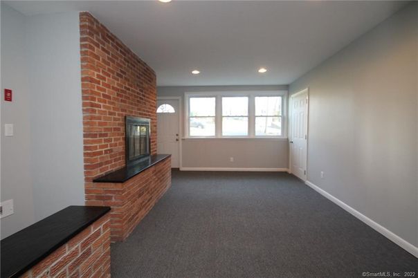 Empty room, Fireplace, Interior, Recessed Lighting, Stone Walls