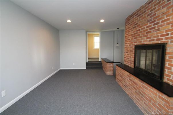Empty room, Fireplace, Interior, Pendant Lights, Recessed Lighting, Stone Walls