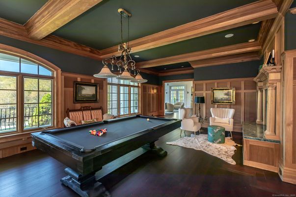 Billiard Table, Chandelier, Game Room, Interior, Pendant Lights, Recessed Lighting, Wooden Beams, Wood Texture Flooring