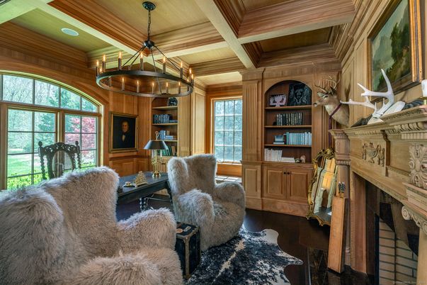 Chandelier, Fireplace, Interior, Living room, Wooden Beams, Wooden Ceilings, Wood Texture Flooring, Wooden Walls