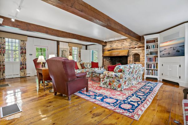 Fireplace, Interior, Living room, Stone Walls, Wooden Beams, Wood Texture Flooring