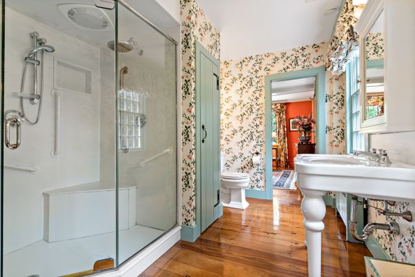 Bathroom, Glass Shower, Interior, Wood Texture Flooring