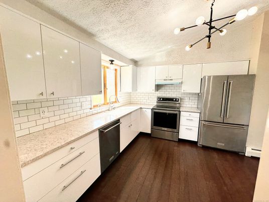 Interior, Kitchen, Pendant Lights, Stainless Steel Appliances, Wood Texture Flooring