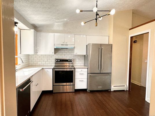 Interior, Kitchen, Pendant Lights, Stainless Steel Appliances, Wood Texture Flooring