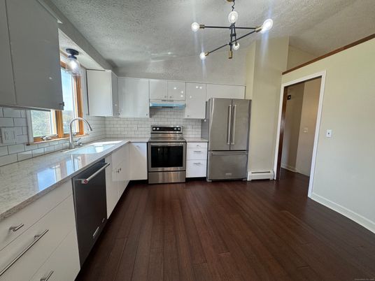 Interior, Kitchen, Pendant Lights, Stainless Steel Appliances, Wood Texture Flooring