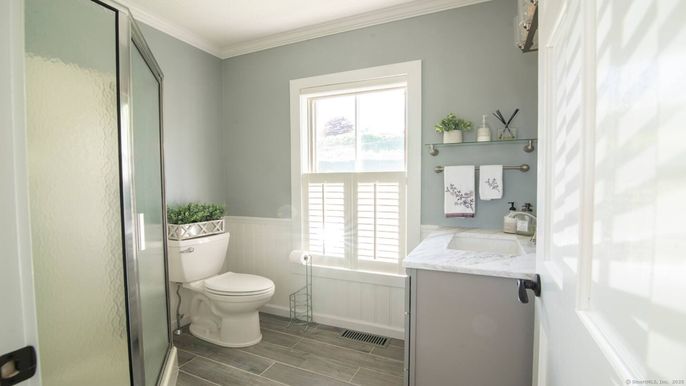 Bathroom, Glass Shower, Interior, Wood Texture Flooring