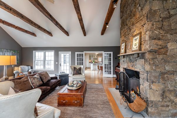 Fireplace, Interior, Living room, Stone Walls, Wooden Beams, Wood Texture Flooring