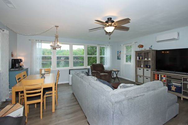 Dining room, Interior, Living room, Pendant Lights, Wood Texture Flooring