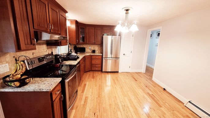 Chandelier, Interior, Kitchen, Pendant Lights, Stainless Steel Appliances, Wood Texture Flooring