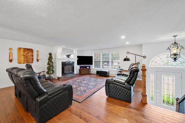 Fireplace, Interior, Living room, Recessed Lighting, Wood Texture Flooring