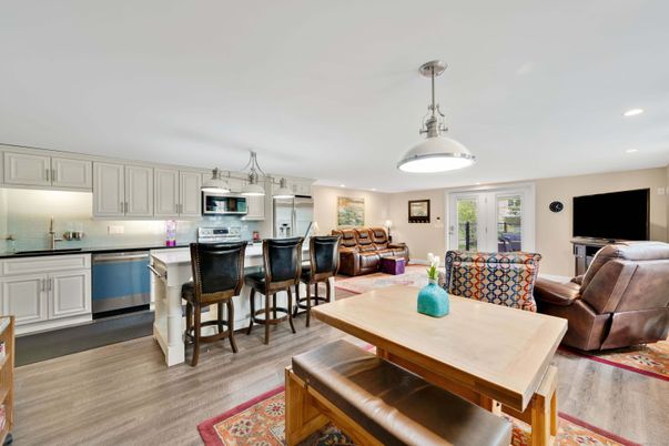 Dining room, Interior, Kitchen, Living room, Pendant Lights, Recessed Lighting, Stainless Steel Appliances, Wood Texture Flooring