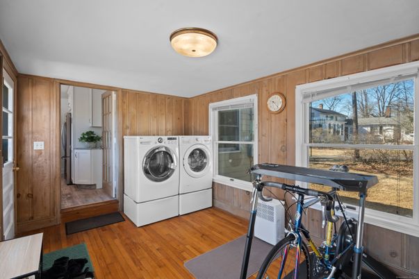 Interior, Washer, Wood Texture Flooring, Wooden Walls