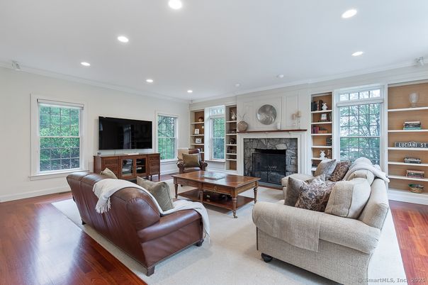 Fireplace, Interior, Living room, Recessed Lighting, Wood Texture Flooring