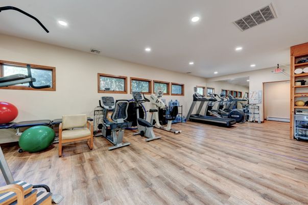 Fitness Equipment, Gym, Interior, Recessed Lighting, Wood Texture Flooring