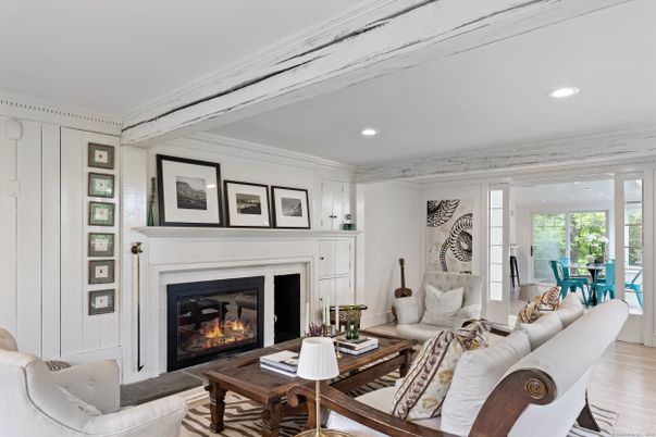Fireplace, Interior, Living room, Recessed Lighting, Wood Texture Flooring