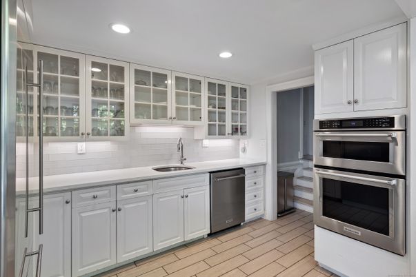 Interior, Kitchen, Recessed Lighting, Stainless Steel Appliances, Wood Texture Flooring