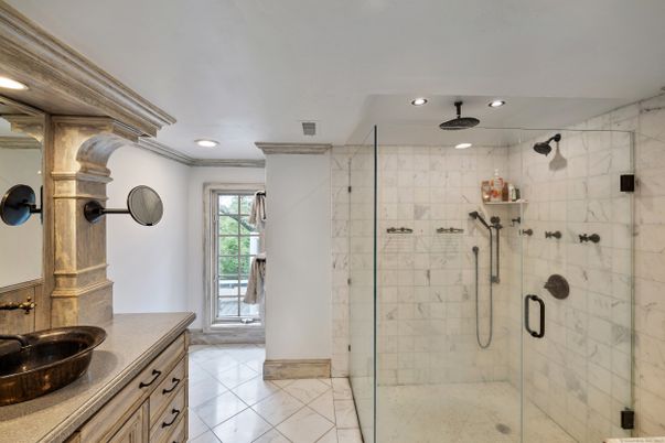 Bathroom, Glass Shower, Interior, Marble Walls, Recessed Lighting
