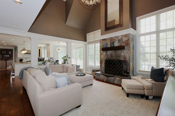 Dining room, Fireplace, Interior, Kitchen, Living room, Pendant Lights, Recessed Lighting, Wood Texture Flooring