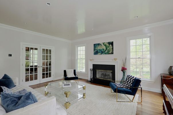 Fireplace, Interior, Living room, Recessed Lighting, Wood Texture Flooring