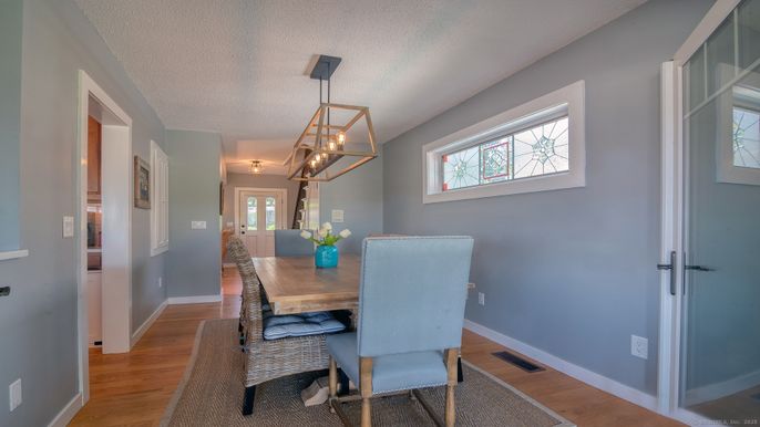 Dining room, Interior, Pendant Lights, Wood Texture Flooring