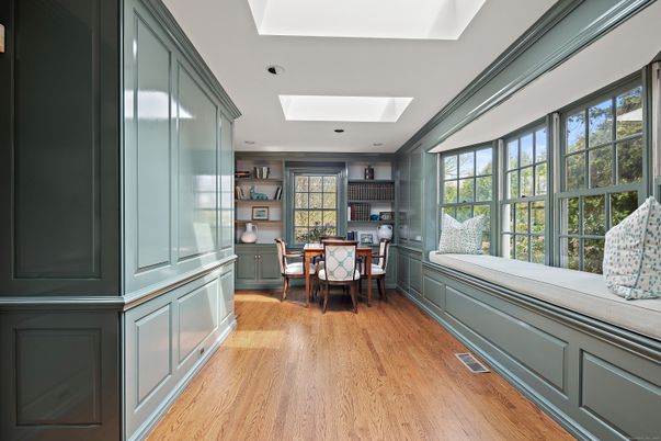 Dining room, Interior, Recessed Lighting, Wood Texture Flooring