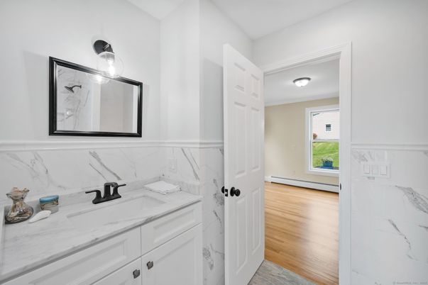 Bathroom, Interior, Marble Walls, Wood Texture Flooring