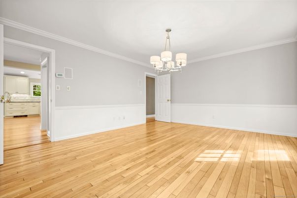 Chandelier, Empty room, Interior, Kitchen, Recessed Lighting, Wood Texture Flooring