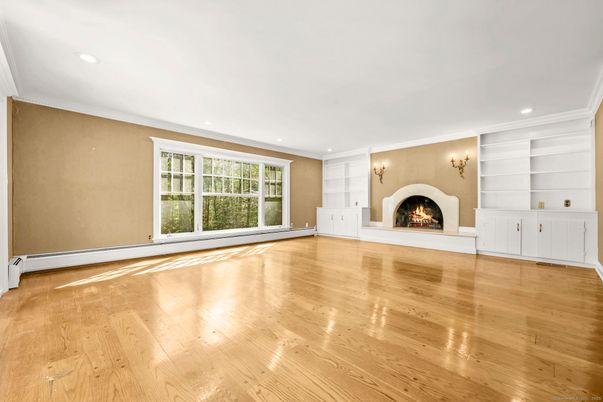 Empty room, Fireplace, Interior, Recessed Lighting, Wood Texture Flooring