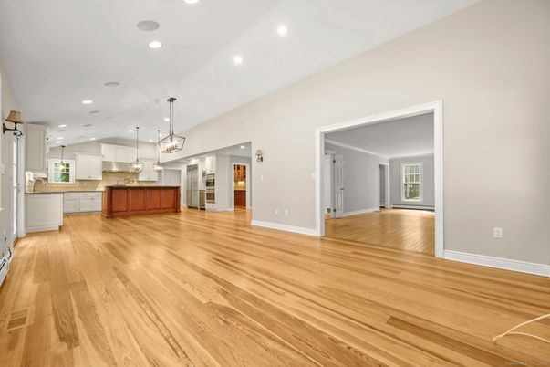 Empty room, Interior, Kitchen, Pendant Lights, Recessed Lighting, Wood Texture Flooring