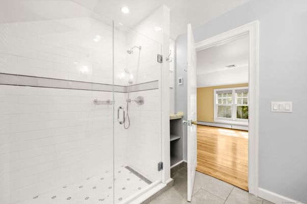 Bathroom, Glass Shower, Interior, Recessed Lighting, Wood Texture Flooring