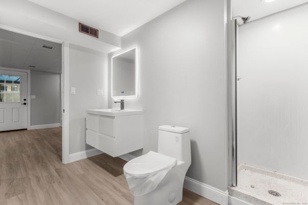 Bathroom, Interior, Recessed Lighting, Wood Texture Flooring
