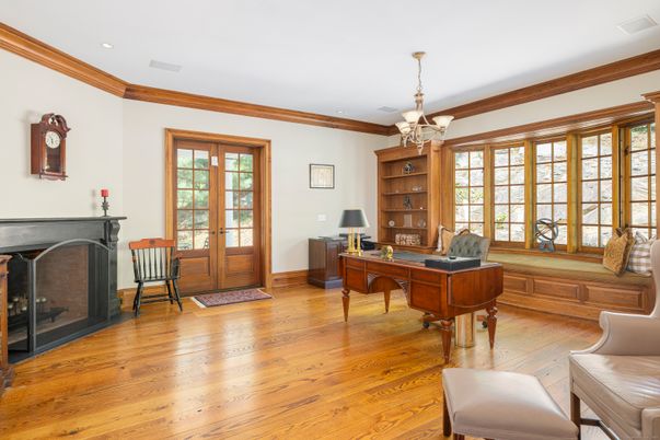 Chandelier, Fireplace, Home Office, Interior, Recessed Lighting, Wood Texture Flooring