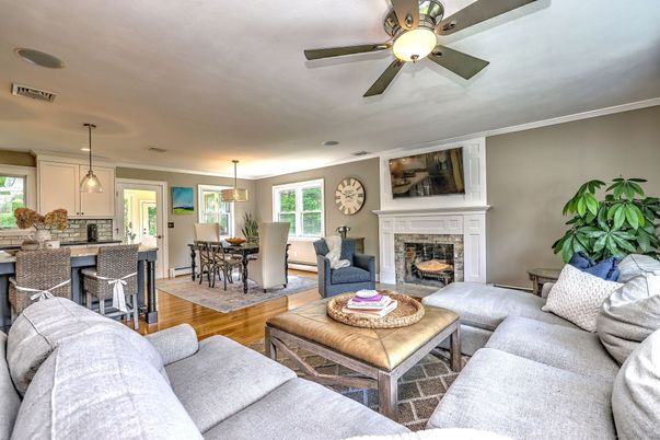 Dining room, Fireplace, Interior, Kitchen, Living room, Pendant Lights, Wood Texture Flooring