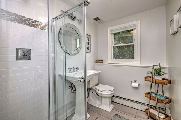 Bathroom, Glass Shower, Interior, Wood Texture Flooring