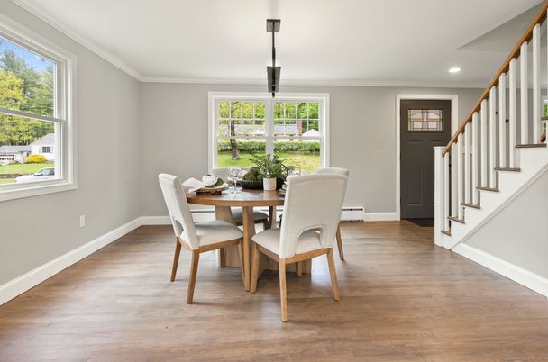 Dining room, Interior, Recessed Lighting, Wood Texture Flooring