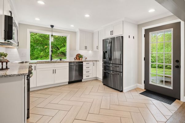 Interior, Kitchen, Pendant Lights, Recessed Lighting, Stainless Steel Appliances, Wood Texture Flooring