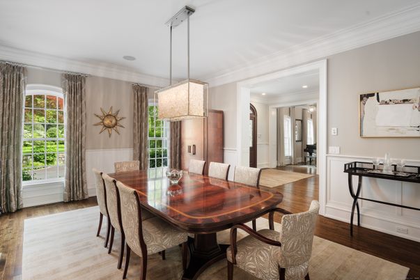 Dining room, Interior, Pendant Lights, Recessed Lighting, Wood Texture Flooring