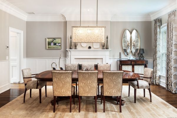 Dining room, Fireplace, Interior, Pendant Lights, Wood Texture Flooring