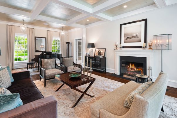 Fireplace, Interior, Living room, Pendant Lights, Piano, Recessed Lighting, Wood Texture Flooring