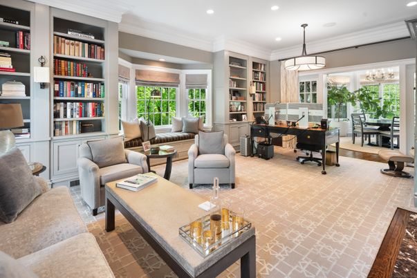 Home Office, Interior, Living room, Pendant Lights, Recessed Lighting, Wood Texture Flooring