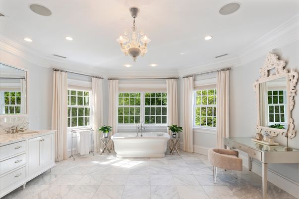 Bathroom, Chandelier, Free Standing Baths, Interior, Marble, Recessed Lighting