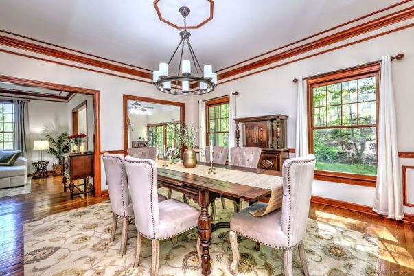 Chandelier, Dining room, Interior, Wood Texture Flooring