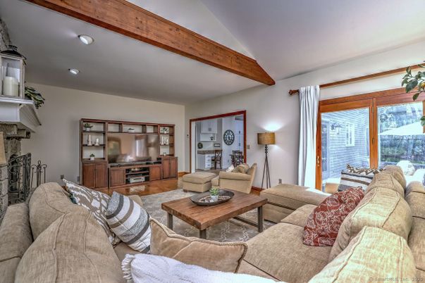 Fireplace, Interior, Living room, Recessed Lighting, Wooden Beams, Wood Texture Flooring