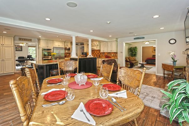 Dining room, Interior, Kitchen, Recessed Lighting, Stainless Steel Appliances, Wood Texture Flooring